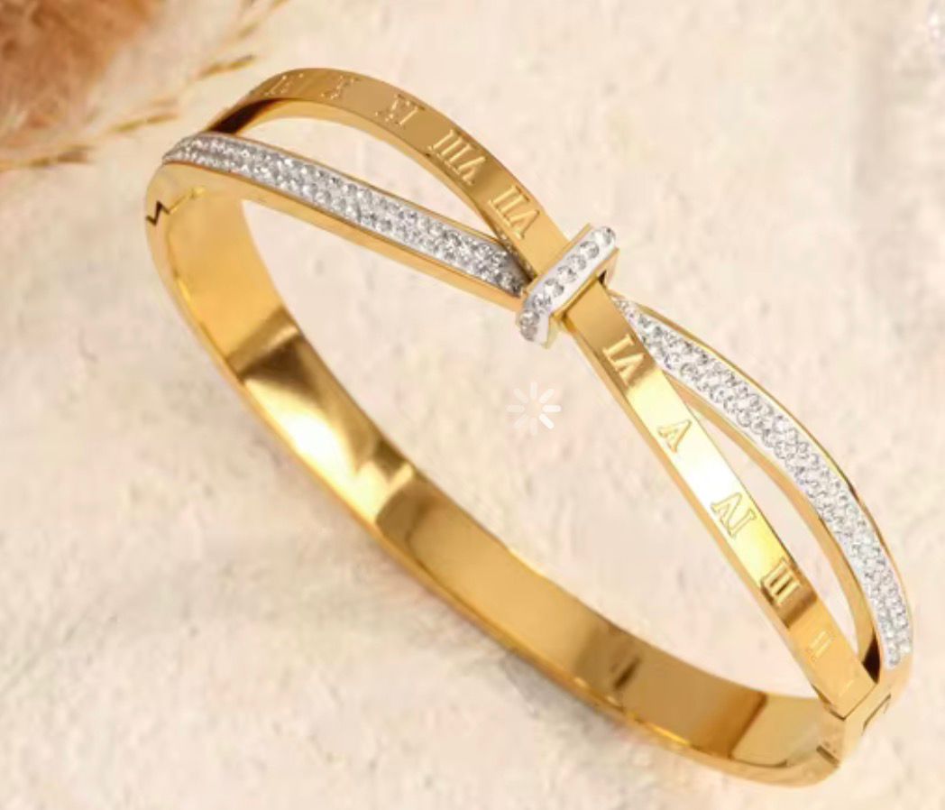 Gold Crystal Criss-Cross Roman Numeral Bangle