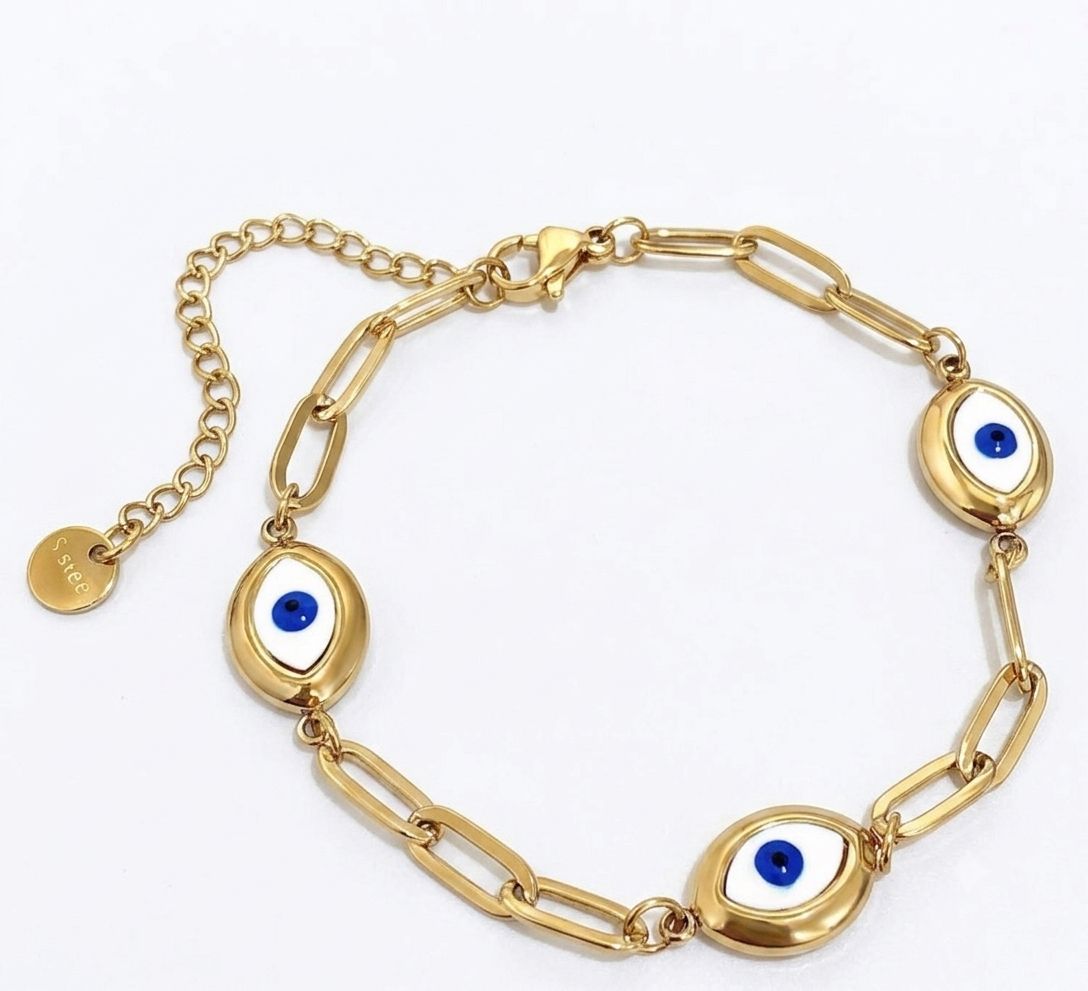 Gold Evil Eye Paperclip Chain Bracelet
