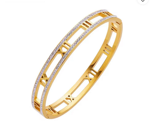 Gold Roman Numeral Crystal Bangle (Open Design)